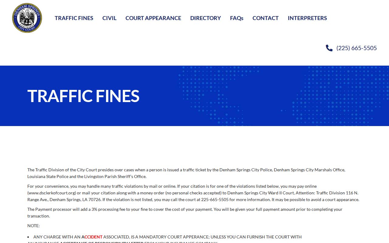 Livingston Parish traffic warrant fine categories published by Denham Springs City Court