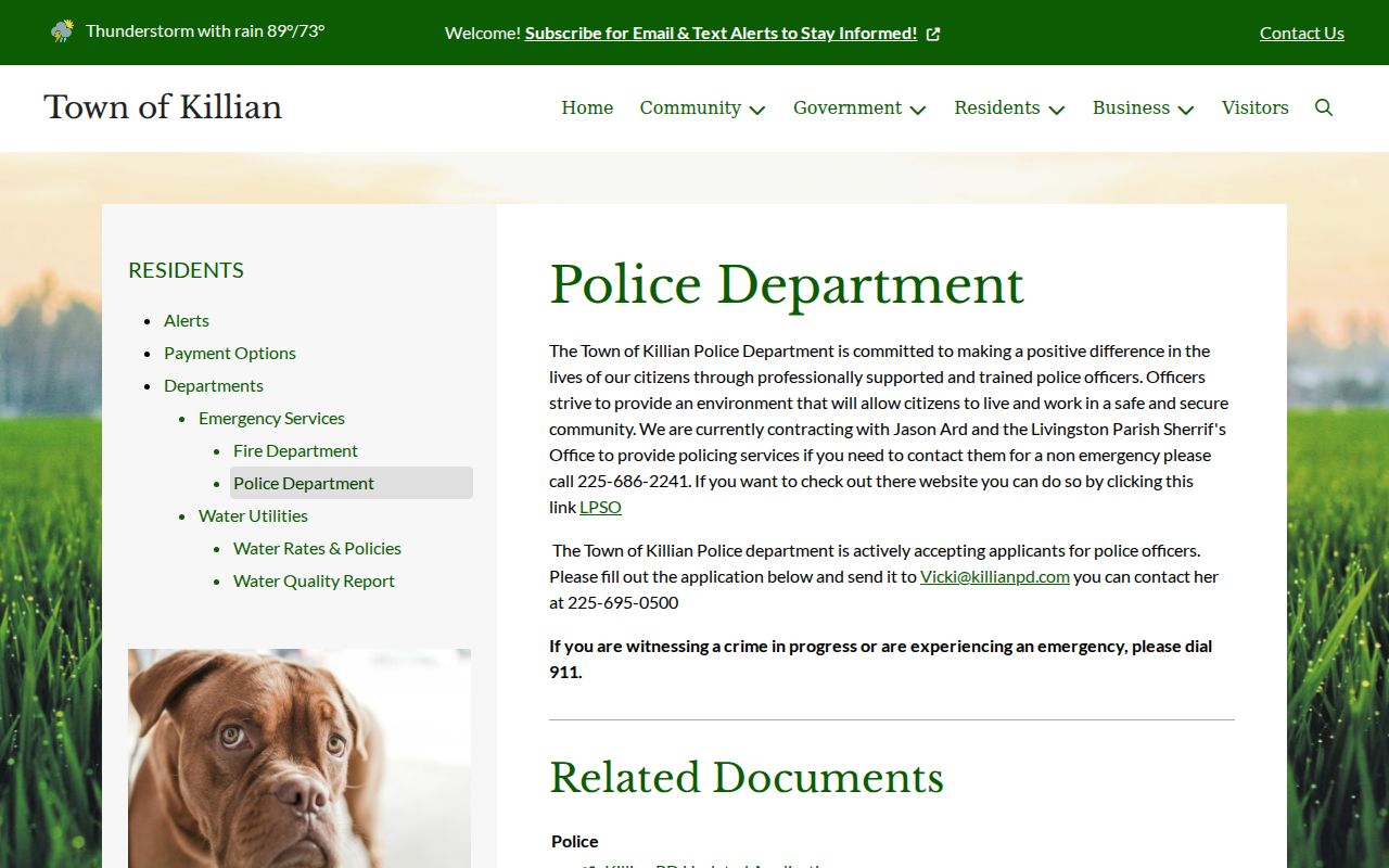 Killian police page describing the sheriff policing contract behind Killian warrant records