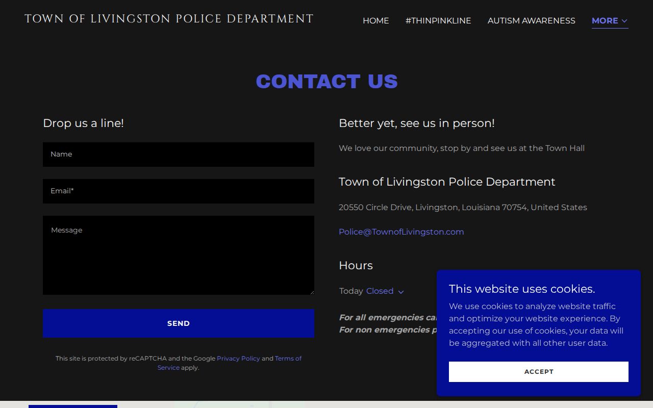 Town of Livingston police contact listing for Livingston warrant records questions