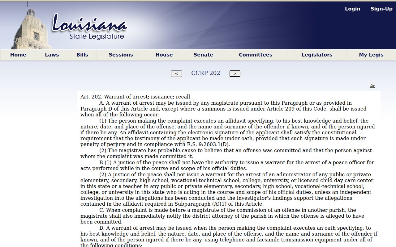 Livingston Parish arrest warrant statute page showing the probable-cause complaint rule