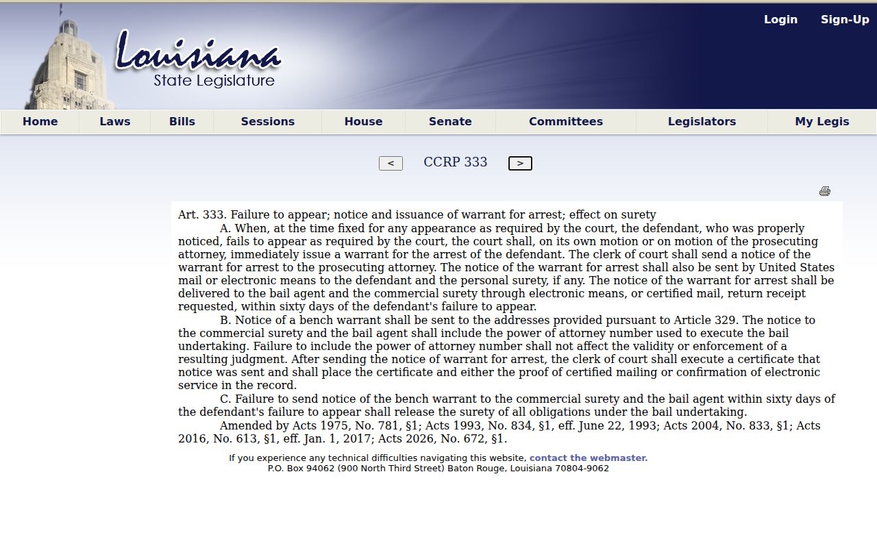 Livingston Parish bench warrant statute page showing the failure-to-appear rule