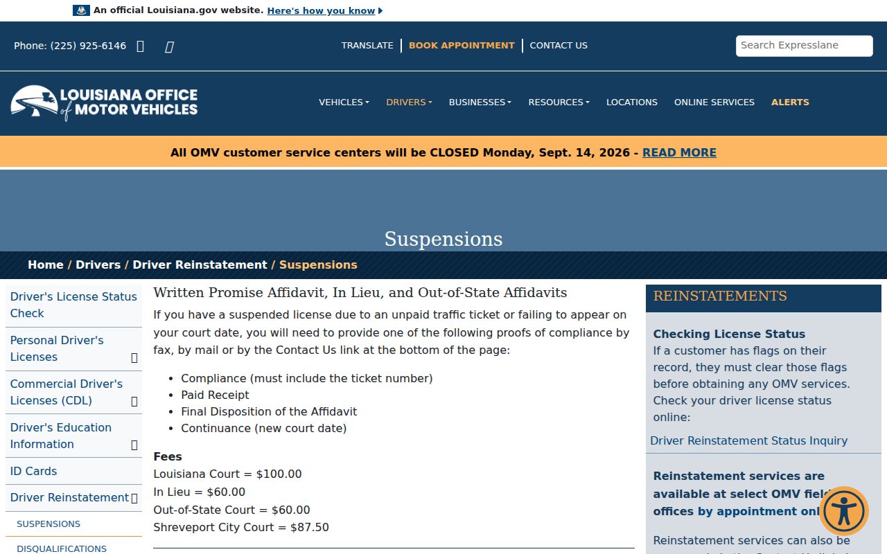 Livingston Parish traffic warrant compliance documents and fees for license reinstatement