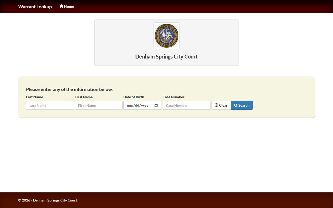 Denham Springs City Court warrant search form for Denham Springs warrant records
